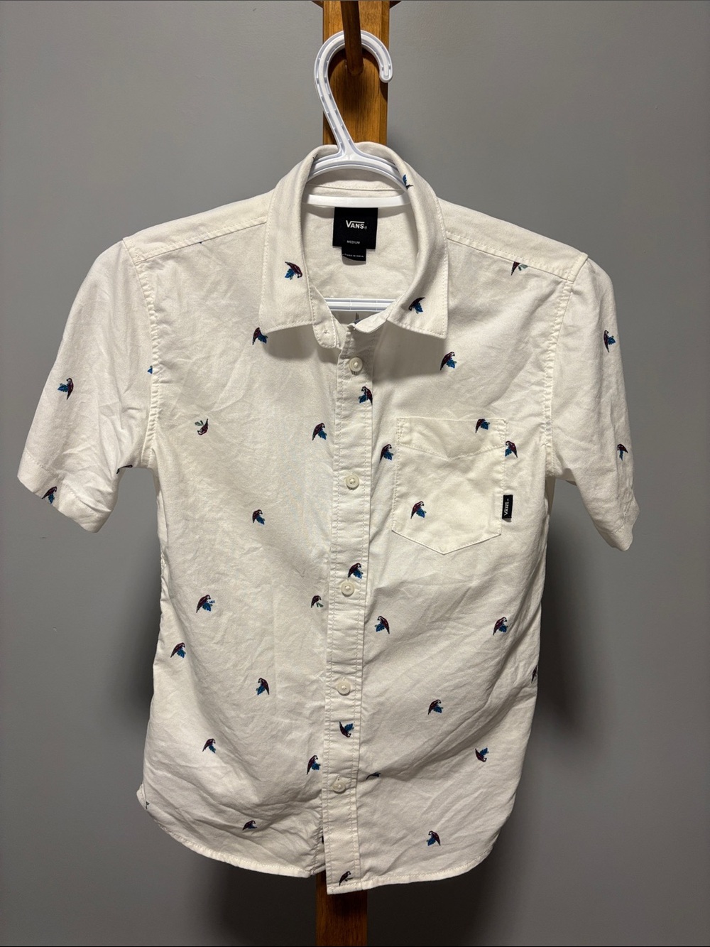 Vans White Short-Sleeve Button-Down with Parrot Pattern